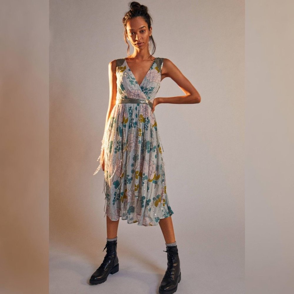 Anthropologie Sylvia Beaded Fringe Maxi Dress
